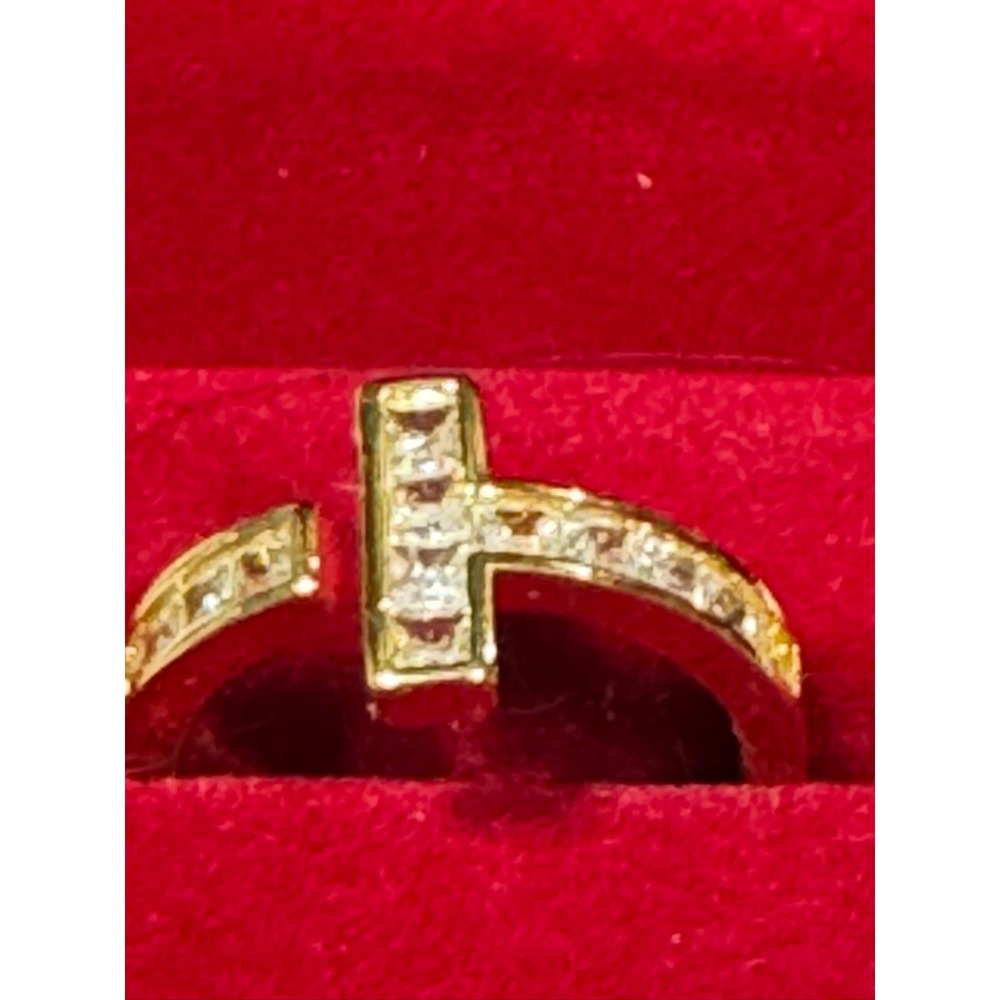 Gold Tone T Wrap Crystal Baguette Statement Ring Size 7 With Red Velvet Box